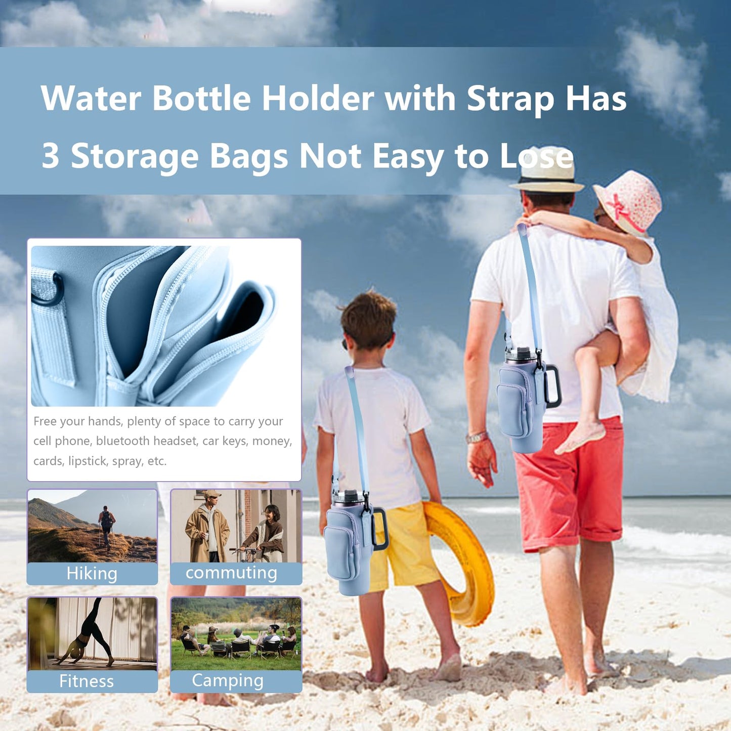 WNGERGOU Water Bottle Carrier Bag with Phone Pocket for Stanley, Water Bottle Holder with Strap for Stanley Accessories 40 oz, Stanley Cup Accessories Total 3 Pockets, Stanley Cup Bag (Blue)