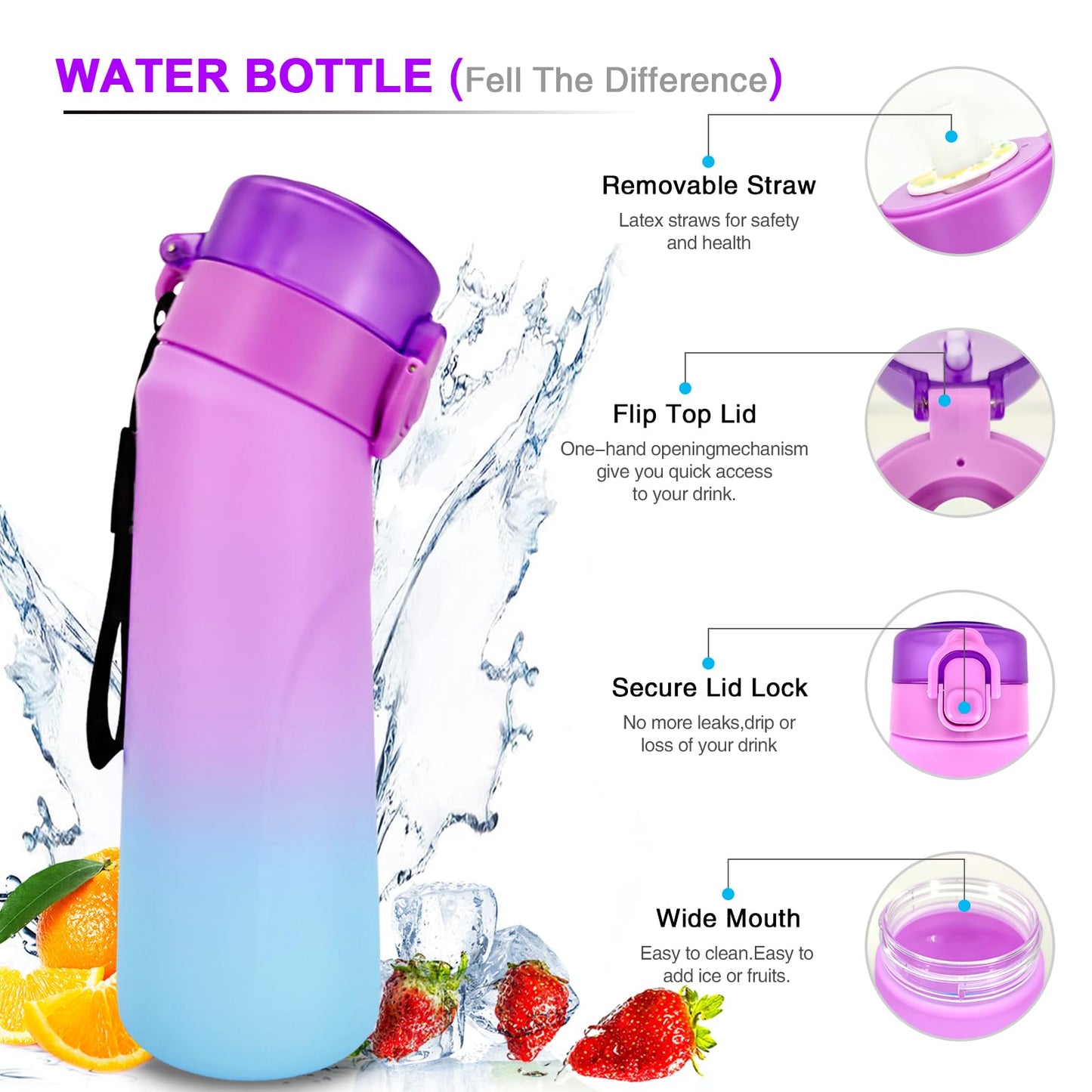 Jcxuot Air Water Bottle with Flavor Pods, 750ML Scent Water Cup with Flavor Pods Box，0% Sugar Fragrance Water Bottle Suitable for Outdoor Sports (Gradient Purple+1pods)