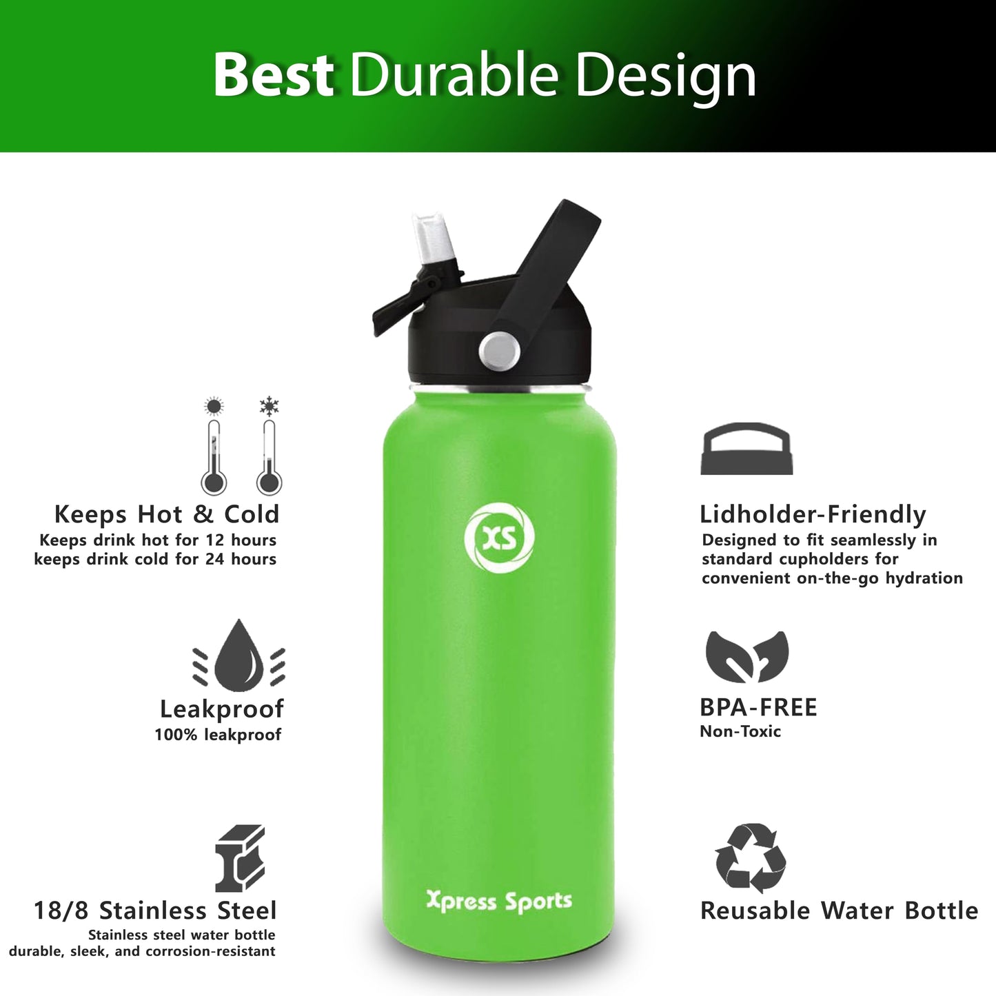 Xpress Sports 32oz Insulated Water Bottle with Straw & Handle- 24hr Cold/12hr Hot, Leakproof Stainless Steel Metal Bottle for Gym, Travel & Sports