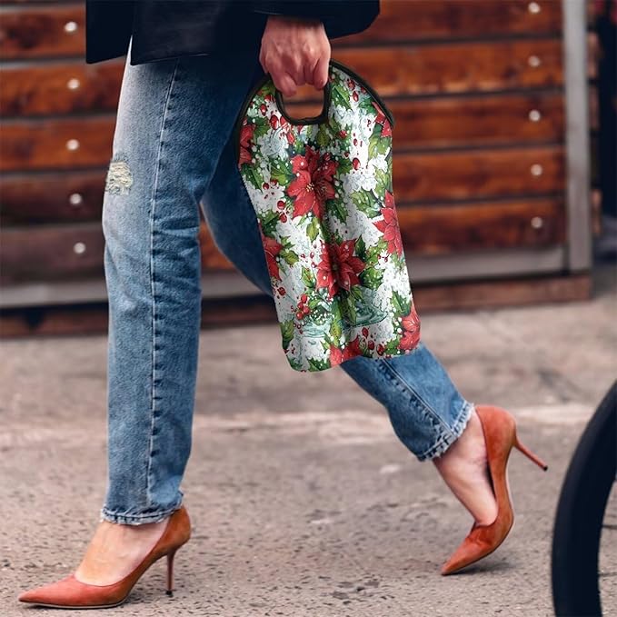 doginthehole Christmas Flowers Wine Carrier Tote Bag Two Bottle Champagne Carrying Bags Aesthetic Poinsettia Neoprene Wine/Water Bottle Holder with Carry Handle for Christmas Party, Travel