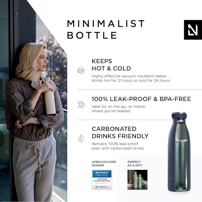 LARS NYSØM Stainless Steel Insulated Water Bottle 12oz 17oz 25oz 34oz 51oz | BPA-free Insulated Thermo Flask for Hot and Cold Beverages | Leakproof Drinking Bottle (Navy Blue, 17oz)