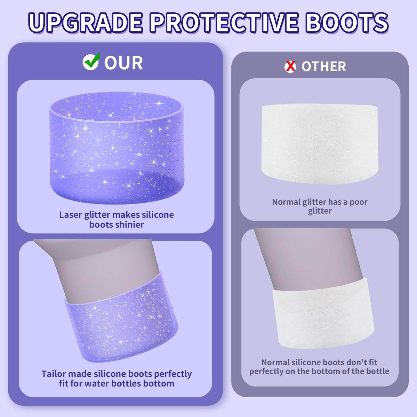 WUQID Protective Bling Silicone Boot Sleeve, Compatible with Stanley Tumbler 20-40oz & Hydro Flask Bottle 12oz-24oz, Glitter Reduces Dents Sleeve Cover for More Bottles/Tumblers Bottom of 2.83-2.95in