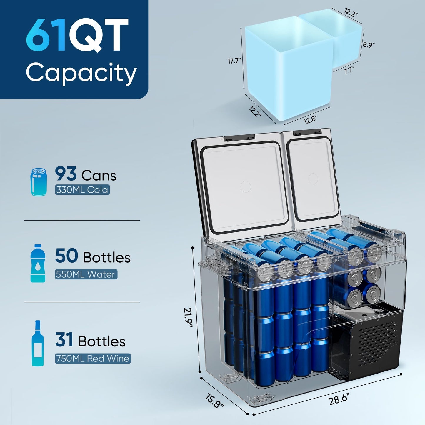 Feelfunn 12 Volt Refrigerator Car Fridge - 61QT(58L) Dual Zone Electric Cooler, Car Refrigerator -4℉~68℉, Portable Refrigerator 12/24V DC 100-240V AC, Portable Freezer for Travel Camping RV Home