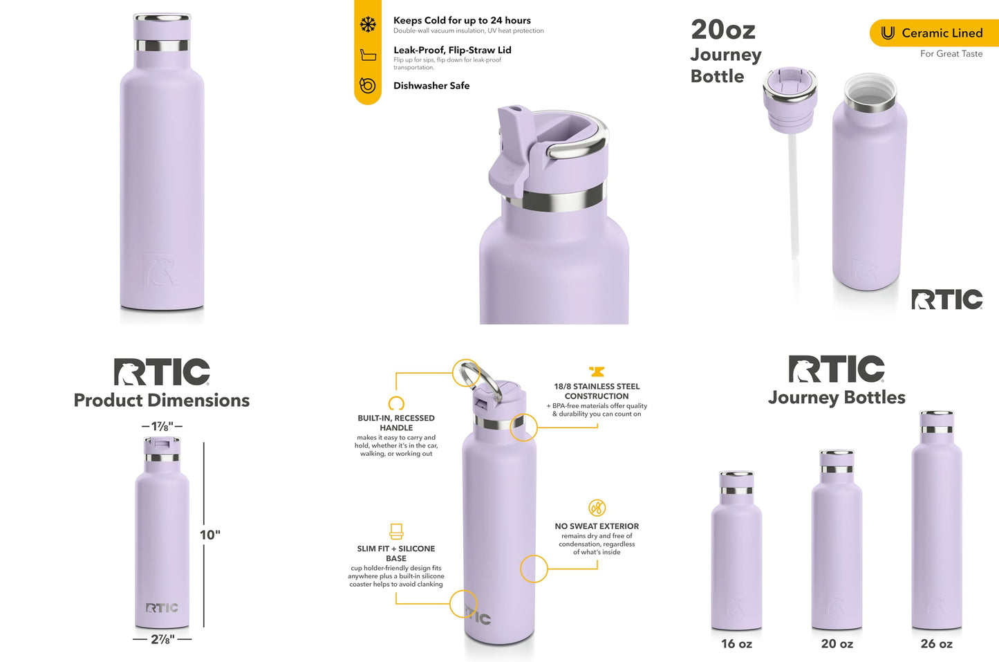 RTIC 20oz Journey Bottle Metal Stainless Steel Vacuum Insulated, BPA Free, Reusable, for Water, Hot and Cold Drinks, Travel, Sports, Camping, Dusty Lilac