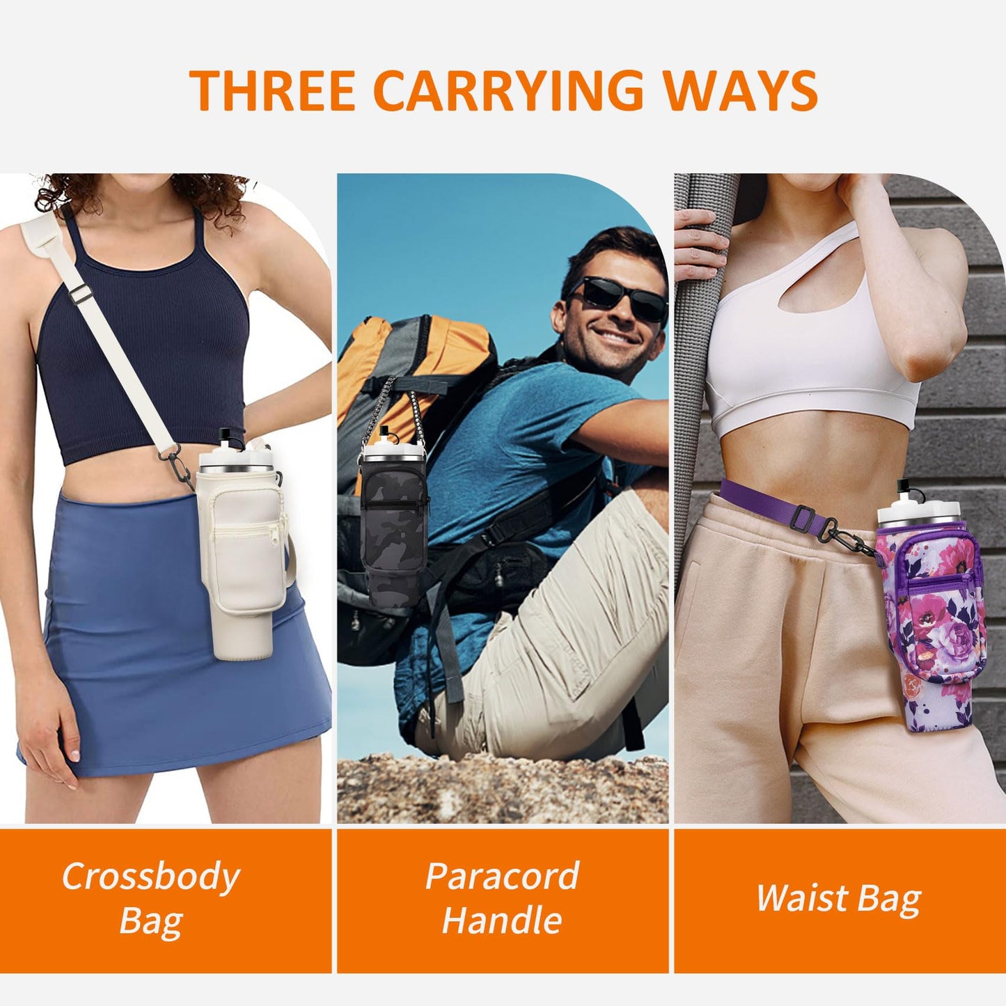 AceTreker Water Bottle Sling Bag with Paracord Handle for Stanley 30/40 oz Tumbler Insulated Thermos Car Mug Carrier Pouch with Phone Pocket & Straw Cap for Stanley Cup Accessories-Purple Rose