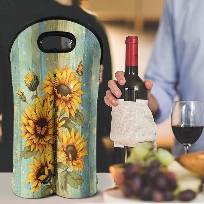 doginthehole Wood Sunflower Champagne Carrier Bag 2 Bottle Insulated Wine Tote Cooler Bag with Handle Neoprene Wine/Water Bottle Holder for Travel
