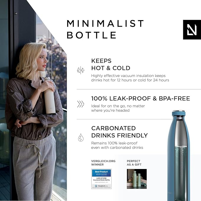 LARS NYSØM Stainless Steel Insulated Water Bottle 12oz 17oz 25oz 34oz 51oz | BPA-free Insulated Thermo Flask for Hot and Cold Beverages | Leakproof Drinking Bottle (Niagara, 34oz)