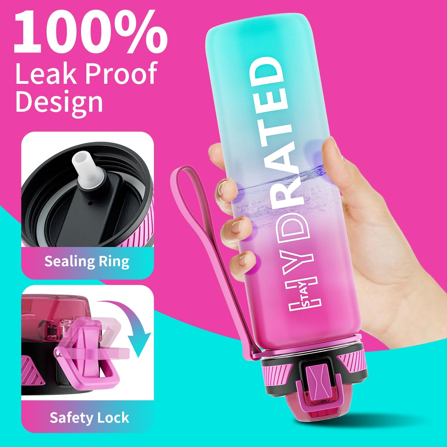 QLUR Water Bottle with Straw, 27 oz Motivational Water Bottles with Time Marker to Drink, Tritan BPA Free, 800ml Sports Water Bottle with Carry Strap LeakProof for School Fitness Outdoor (1Pack)