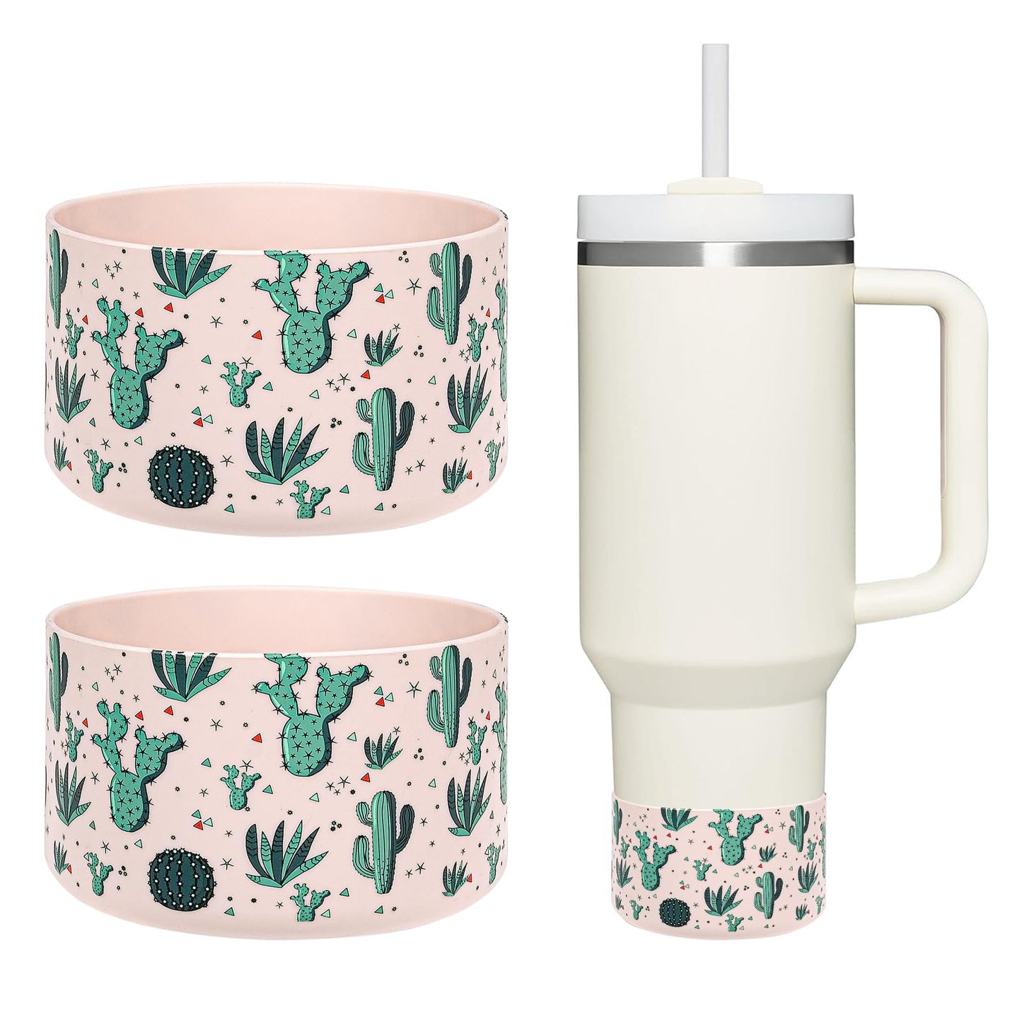 WK IEASON 2 Pcs Tumbler Bottom Protector Boot for Stanley Quencher Adventure 40oz & Stanley IceFlow 20oz 30oz and Compatible with Hydro Flask Water Bottle 12oz 21oz 24oz (Rose Quartz cactusx2)