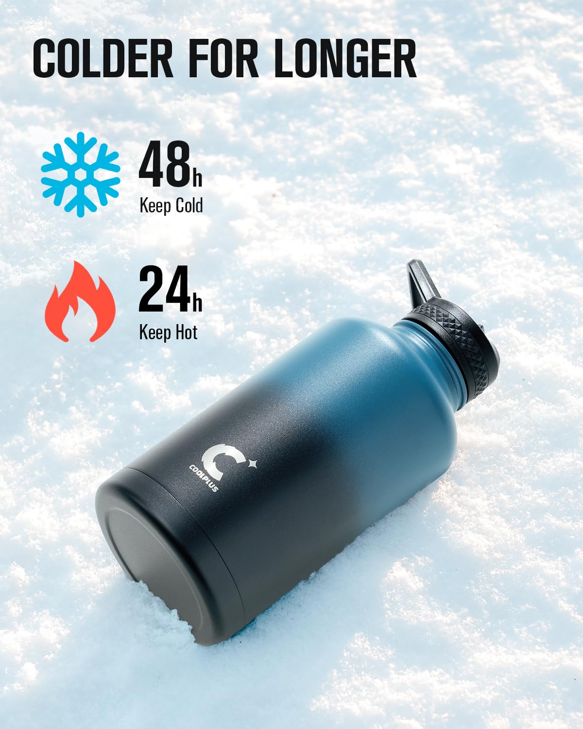 64 oz Water Bottle Insulated, Coolplus Half Gallon Insulated Water Jug With Straw Stainless Steel Double-Walled Vacuum Metal Large Flask Bpa-Free Leakproof, Keep Cold 48 Hrs Hot 24hrs, Blue Black