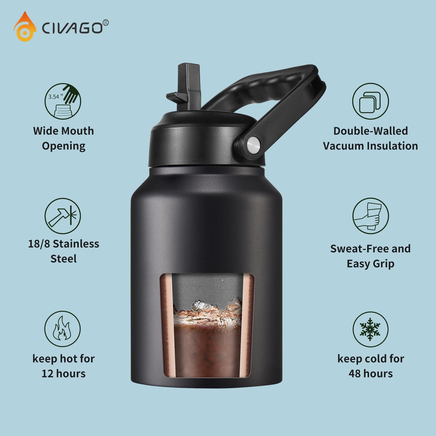 CIVAGO Gallon Insulated Water Bottle Jug with Straw, 128 oz Large Stainless Steel Sports Metal Water Canteen with Handle, Big Thermal Water Cup Mug with 2 Lids for Camping & Fishing, Black