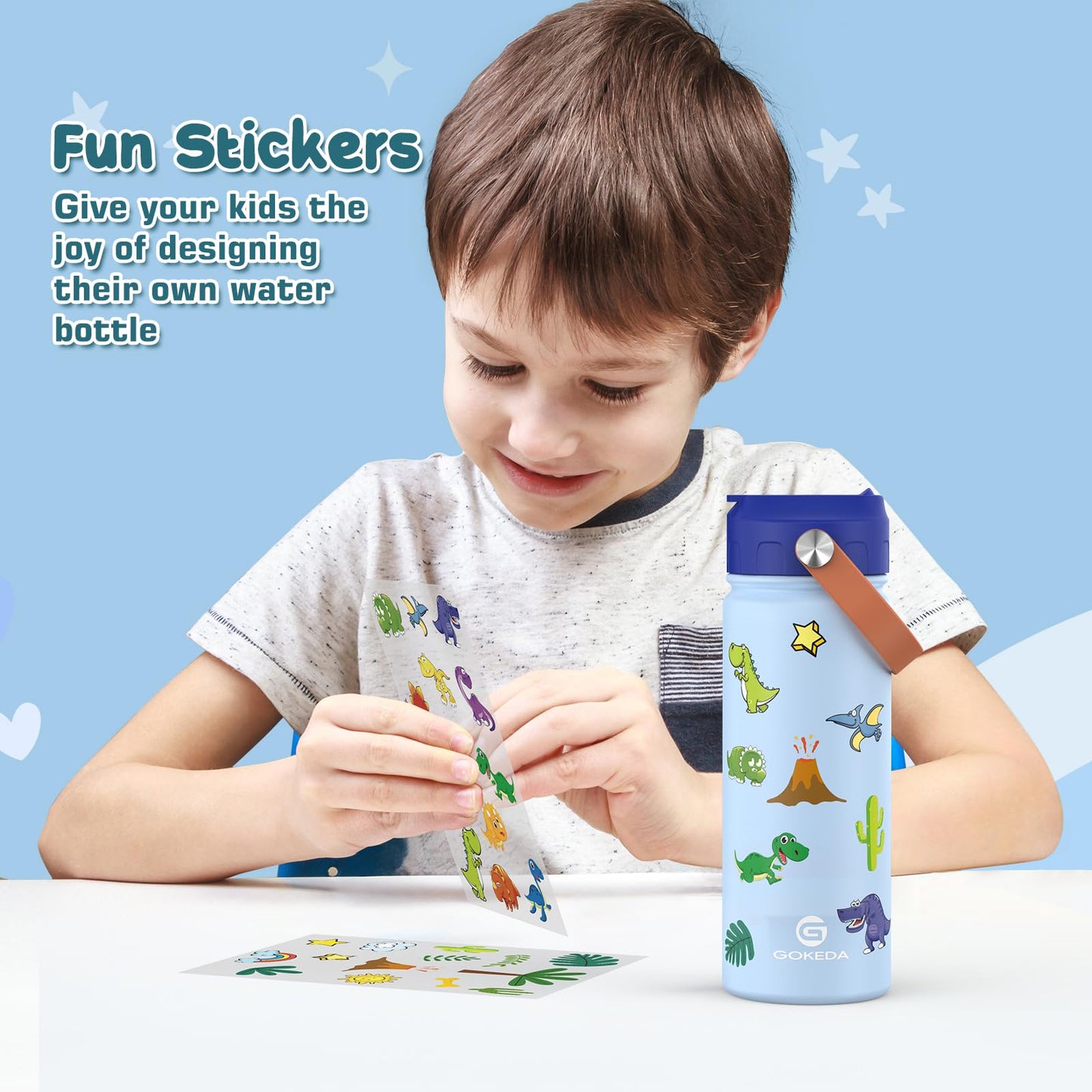 GoKEDA 18oz Kids Water Bottle, 2 Pack Insulated Bottles with Stickers, 18/8 Stainless Steel Vacuum Leak Proof Straw Cup for School, Gifts for Boys(Light Blue, Dark Blue)