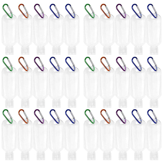 CENNSIOQP 30 Portable Empty Plastic Bottles with Lids and Hooks 50 ml PVC Travel Size Refillable Containers for Hand Sanitizer Lotion Shampoo