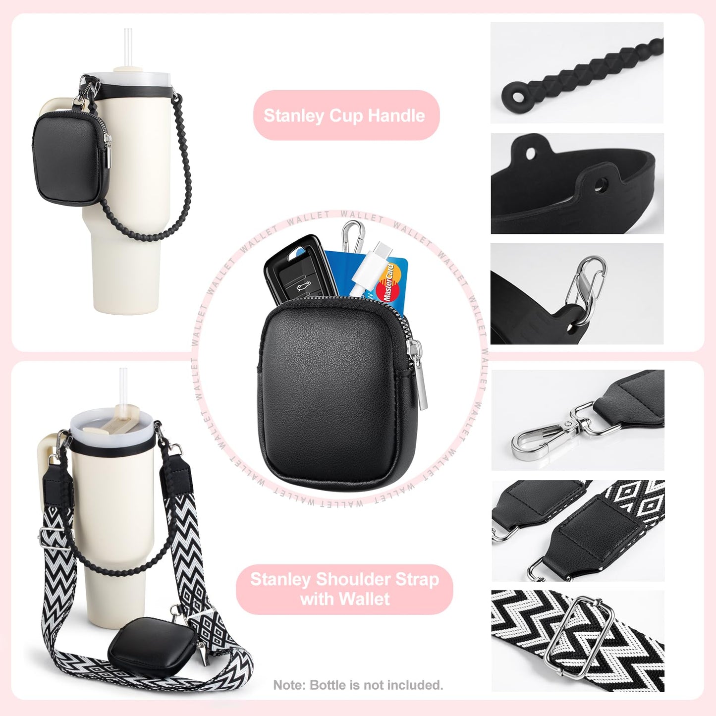 Water Bottle Handle for Stanley Cup Accessories 40 oz, Carrier with Shoulder Strap for Owala/Hydroflask/Simple Modern/Yeti Tumbler, Holder with Wallet for Stanley Cup 30 oz 20 oz