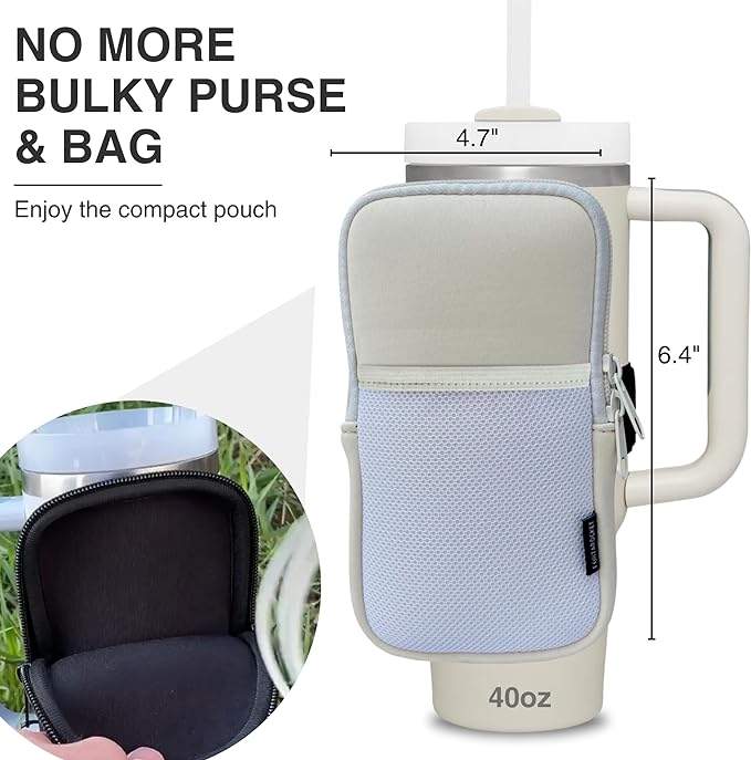 Water Bottle Pouch for Stanley Cups with 20oz 30oz 40oz Stanley Quencher Adventure & Stanley IceFlow, Gym Accessories for Women Tumbler Pouch with Strap & Zipper Cup Purse for Card Keys (Cream, Large)