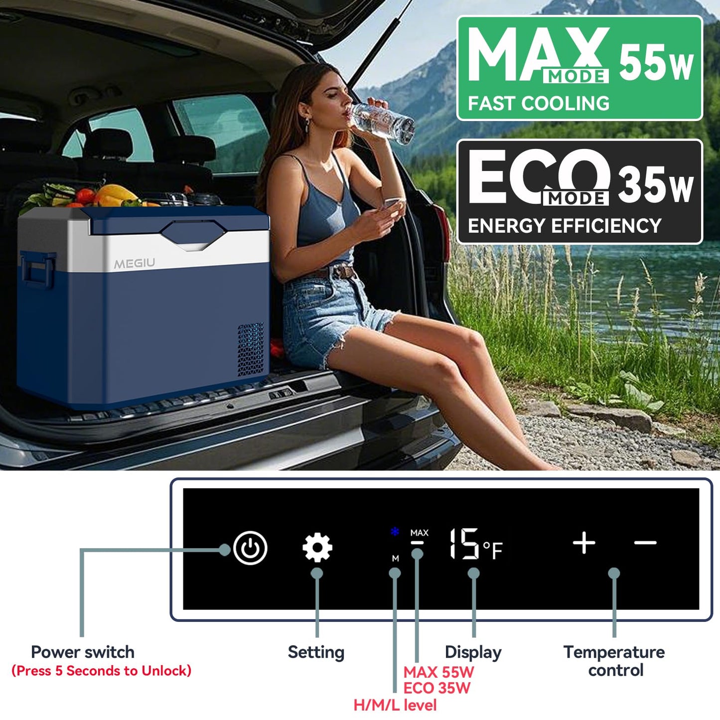Megiu Car Fridge Portable 12V Refrigerator 32 Quart 12 Volt Freezer Compressor Cooler 12V/24V DC 110～240 V AC for Truck Van RV Camper SUV and Home Use