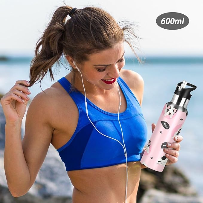 ALAZA Cute French Bulldog Puppy Dog Water Bottle With Straw Lids Boys Girls,Vacuum Insulated Leakproof Stainless-Steel Sports Bottle Thermal Flask For Gym Yoga Camping,20Oz (600Ml)