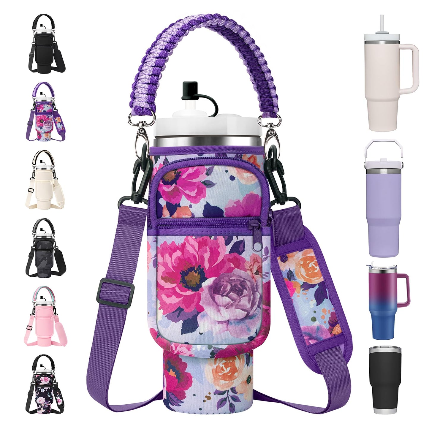 AceTreker Water Bottle Sling Bag with Paracord Handle for Stanley 30/40 oz Tumbler Insulated Thermos Car Mug Carrier Pouch with Phone Pocket & Straw Cap for Stanley Cup Accessories-Purple Rose