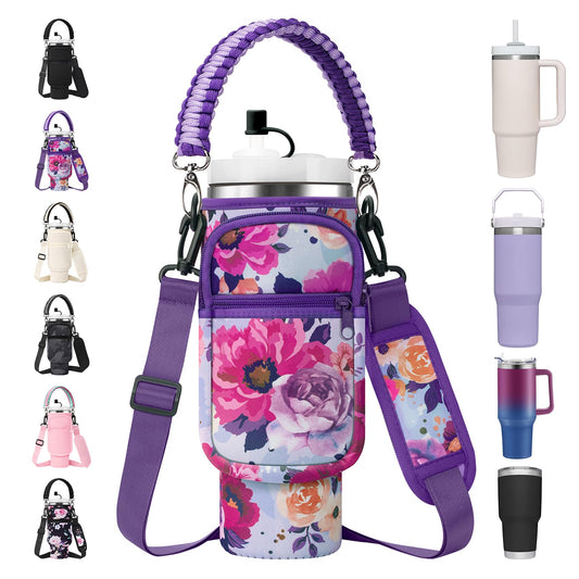 AceTreker Water Bottle Sling Bag with Paracord Handle for Stanley 30/40 oz Tumbler Insulated Thermos Car Mug Carrier Pouch with Phone Pocket & Straw Cap for Stanley Cup Accessories-Purple Rose