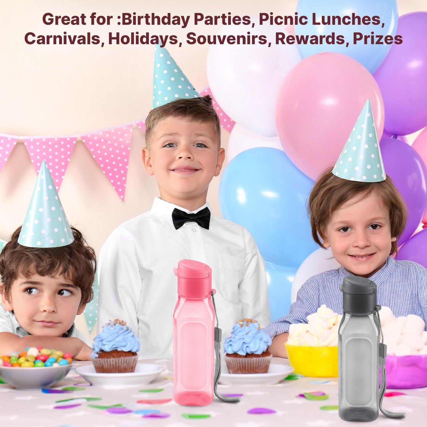 Bulk Set of 16 Multicolor 10oz Water Bottles for Kids and Adults - Leak Proof With Carry Strap - Square Reusable for Juice, Drinks - BPA-Free Dishwasher-Safe