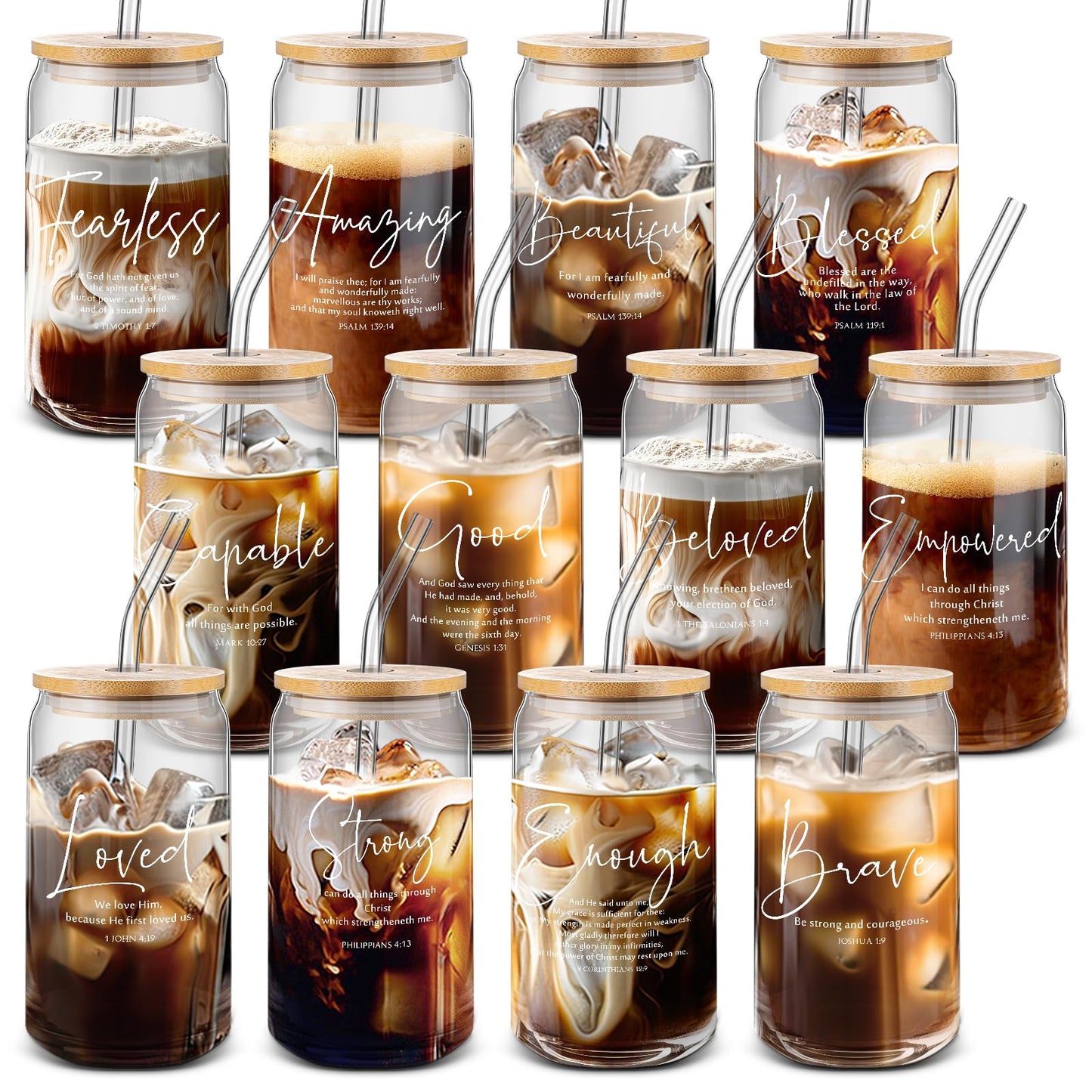 Funnymoom 12 Pcs Grandparents Day Christian Gift Bulk Glass Cups with Bamboo Lids and Straw 16 oz Bible Verse Coffee Cup Christian Religious Gift for Church Sunday School Bible Study Office (12 Style)