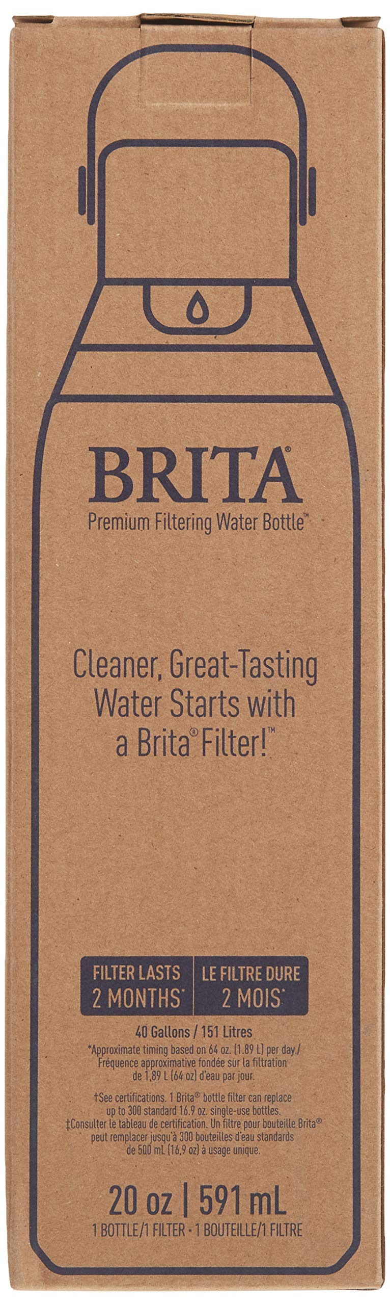 Brita Stainless Steel Premium Filtering Water Bottle, BPA-Free, Reusable, Insulated, Replaces 300 Plastic Water Bottles, Filter Lasts 2 Months or 40 Gallons, Includes 1 Filter, Carbon - 20 oz.