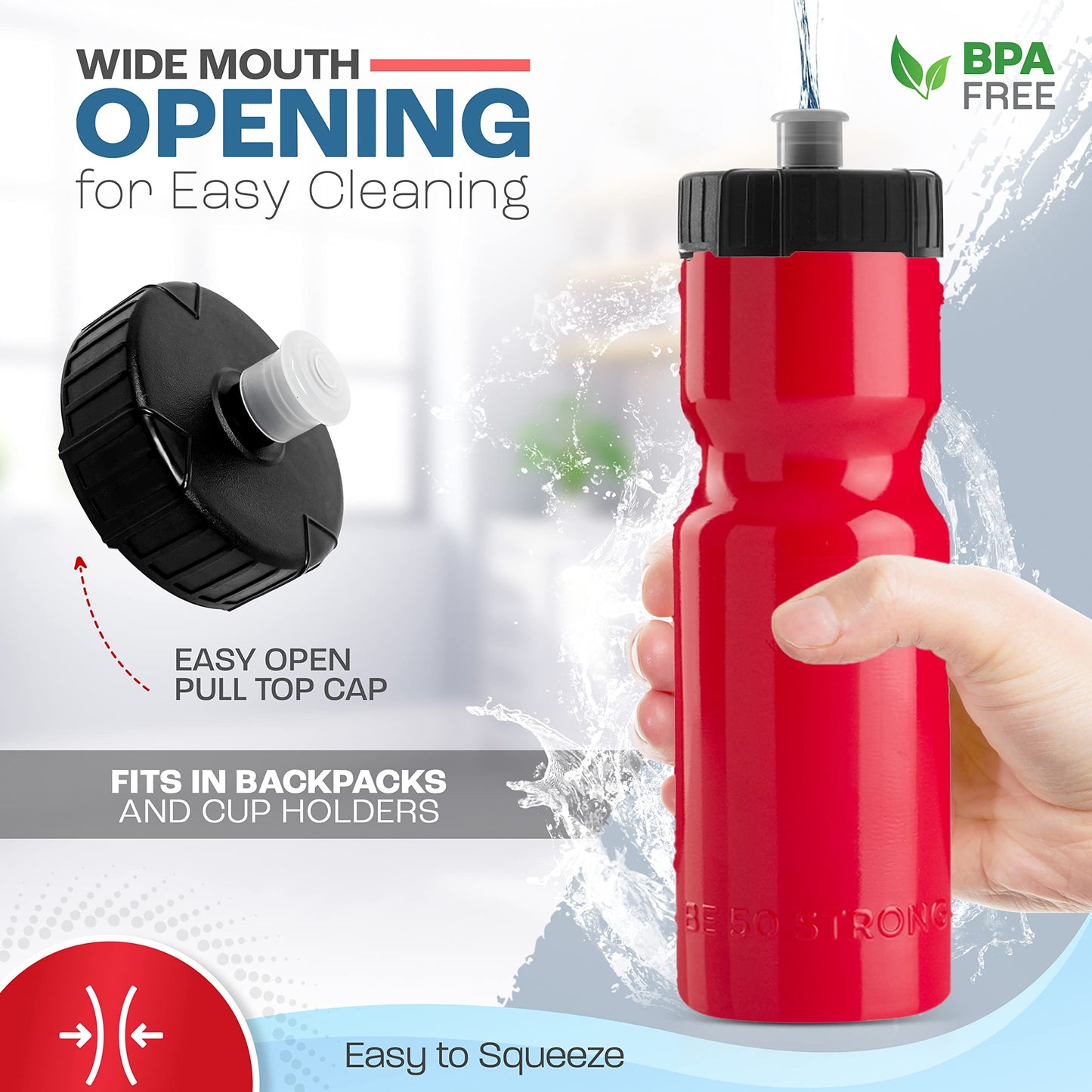 50 Strong Bulk Water Bottles | 24 Pack Sports Bottle | 22 oz. BPA-Free Easy Open with Pull Top Cap | Made in USA | Reusable Plastic Water Bottles for Adults & Kids | Top Rack Dishwasher Safe