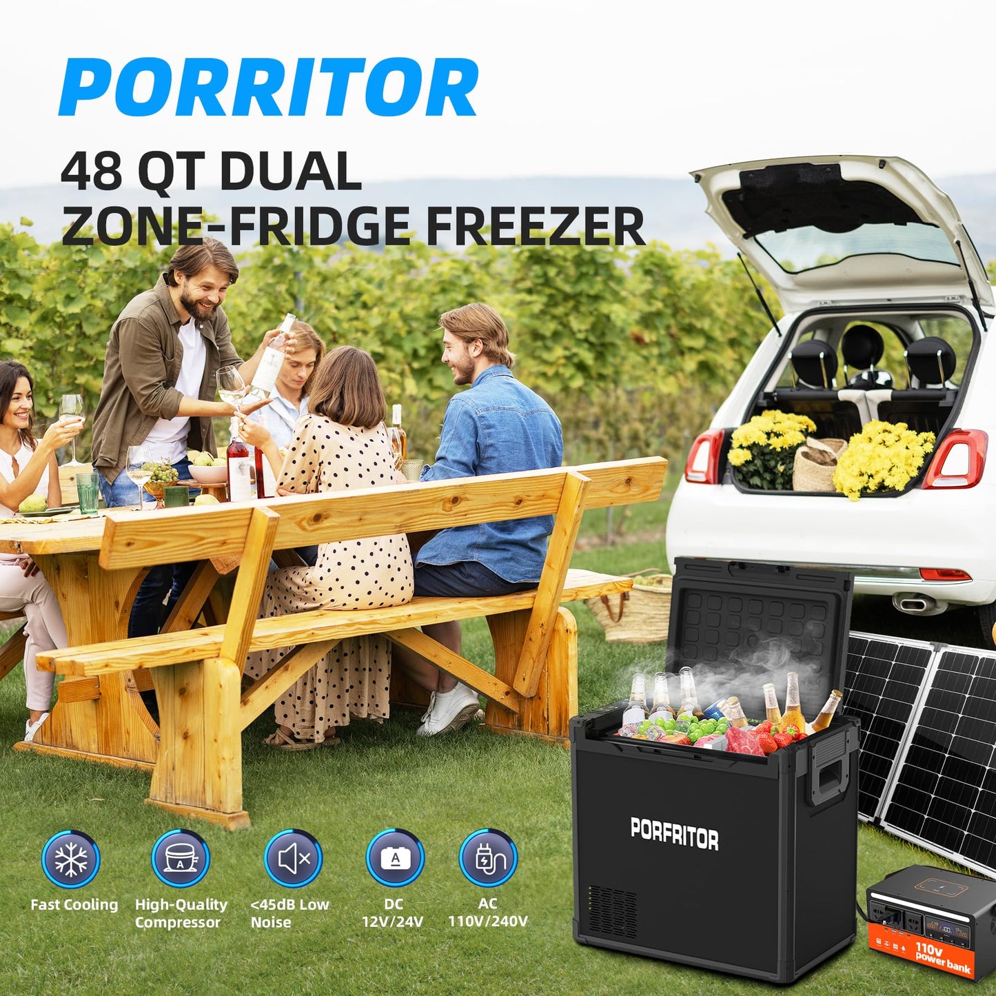 PORFRITOR 12 Volt Refrigerator, 48QT(45L) Electric Cooler, 12V Car Fridge LCD touch Control, 12V Cooler -4℉~68℉, Portable Freezer 12/24V DC 110-240V AC for Camping, Travel, Truck, Home