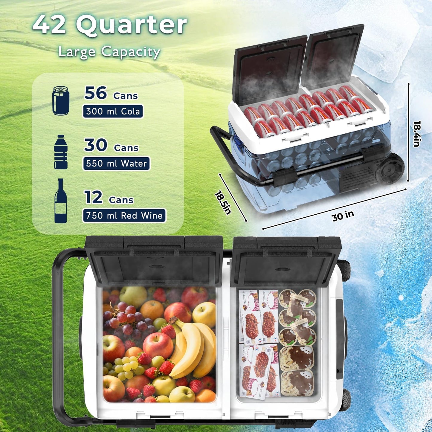 AS 12 Volt Refrigerator, 42QT(40L) Dual Temperature Zone Electric Cooler with Wheels, Portable Freezer 12V/24V DC 110-240V AC, -4℉-68℉ Car Fridge for Car, Marine, Home, Outdoor, etc