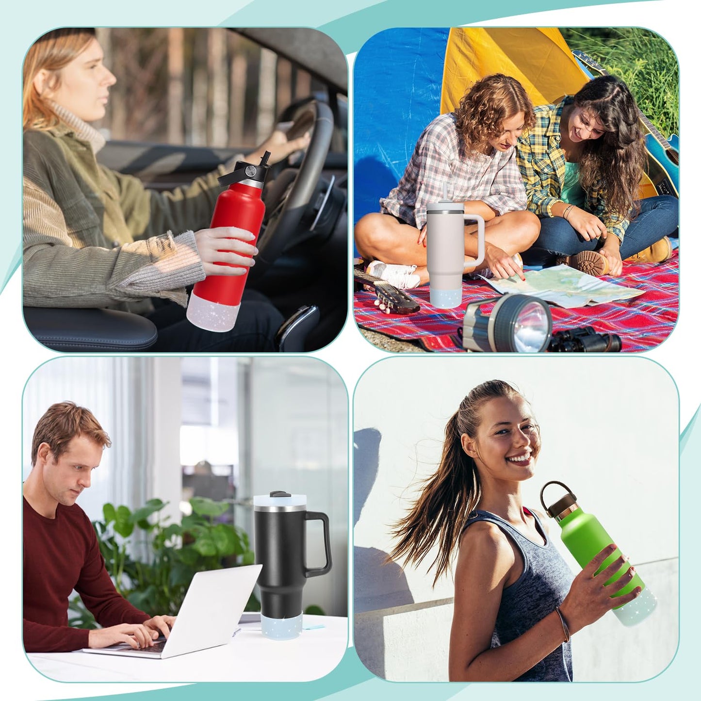 4Pcs Gold Glitter Silicone Boot for Stanley Cup H2.0 30oz 40 oz &Hydro Flask 12-24 oz and Water Bottle Bottom of 2.9-3in, Tumbler Boot Sleeve Cover Bottom Protector