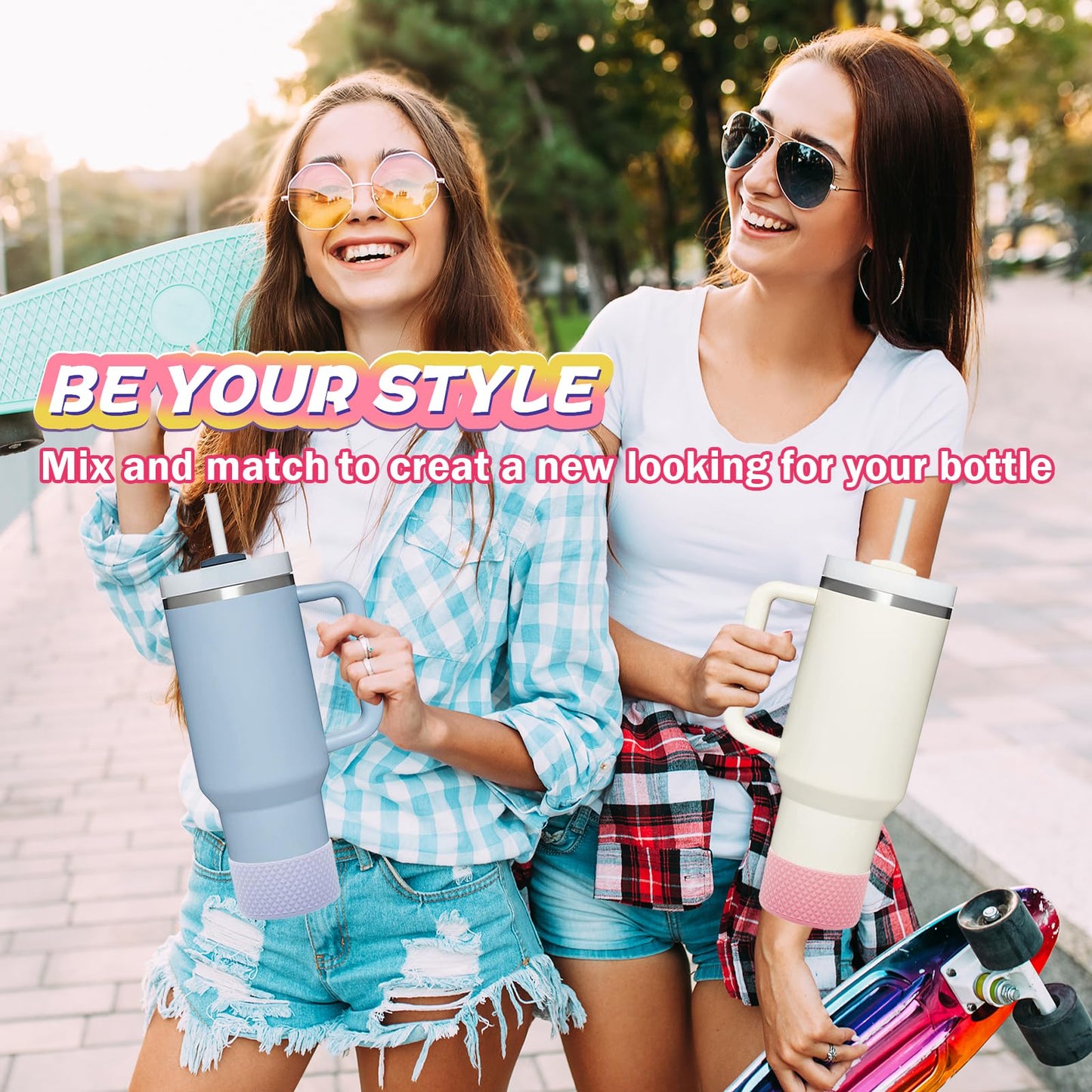 2 Pcs Tumbler Bottom Protector Boot for Stanley Quencher Adventure 40oz & Stanley IceFlow 20oz 30oz and Compatible with Hydro Flask Water Bottle 12oz 21oz 24oz Stealth Landing (Diomond Pink/Fog)