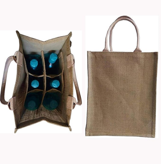 KVR natural Jute burlap wine beer water bottle cum can carrier bag with option to use as Grocery & lunch bag, Eco Environment Friendly versatile flexible (6 bottle bag, natural)