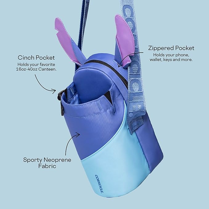 Corkcicle x Disney Stitch Crossbody Water Bottle Sling Bag, Fits 16 oz to 40 oz Tumbler – Water Bottle Holder with Strap and Padded Interior Securely Holds Bottle, Cards, Phone, Keys, and More