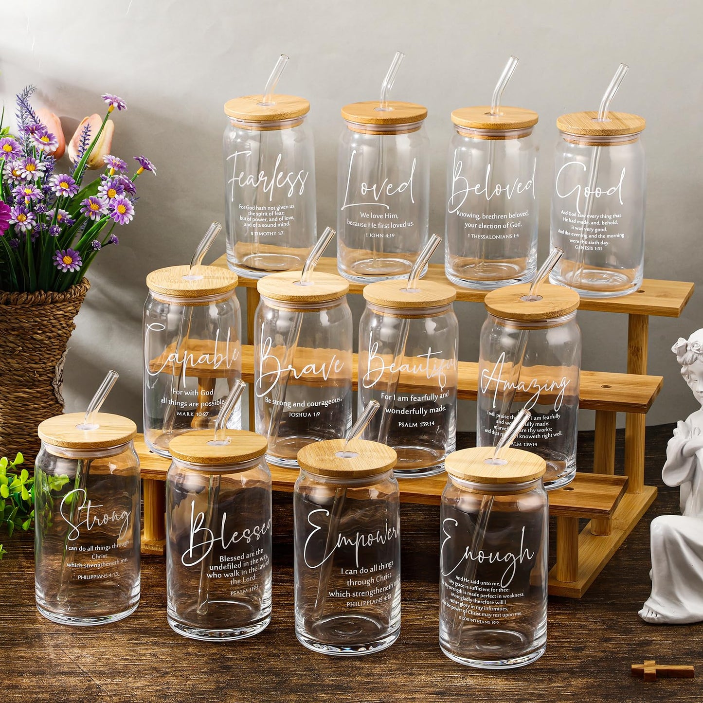 Funnymoom 12 Pcs Grandparents Day Christian Gift Bulk Glass Cups with Bamboo Lids and Straw 16 oz Bible Verse Coffee Cup Christian Religious Gift for Church Sunday School Bible Study Office (12 Style)