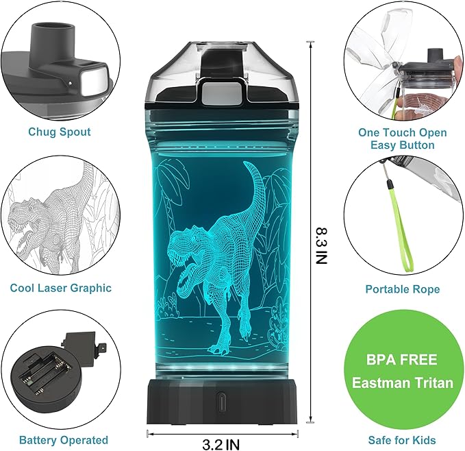 Kids Water Bottle with 3D Light-Up LED Lights - BPA Free - Perfect for Back-to-School Season, Girls, Boys, Kids, Holiday Camping, Picnic Gifts - 14 oz Travel Mug... (color 2)