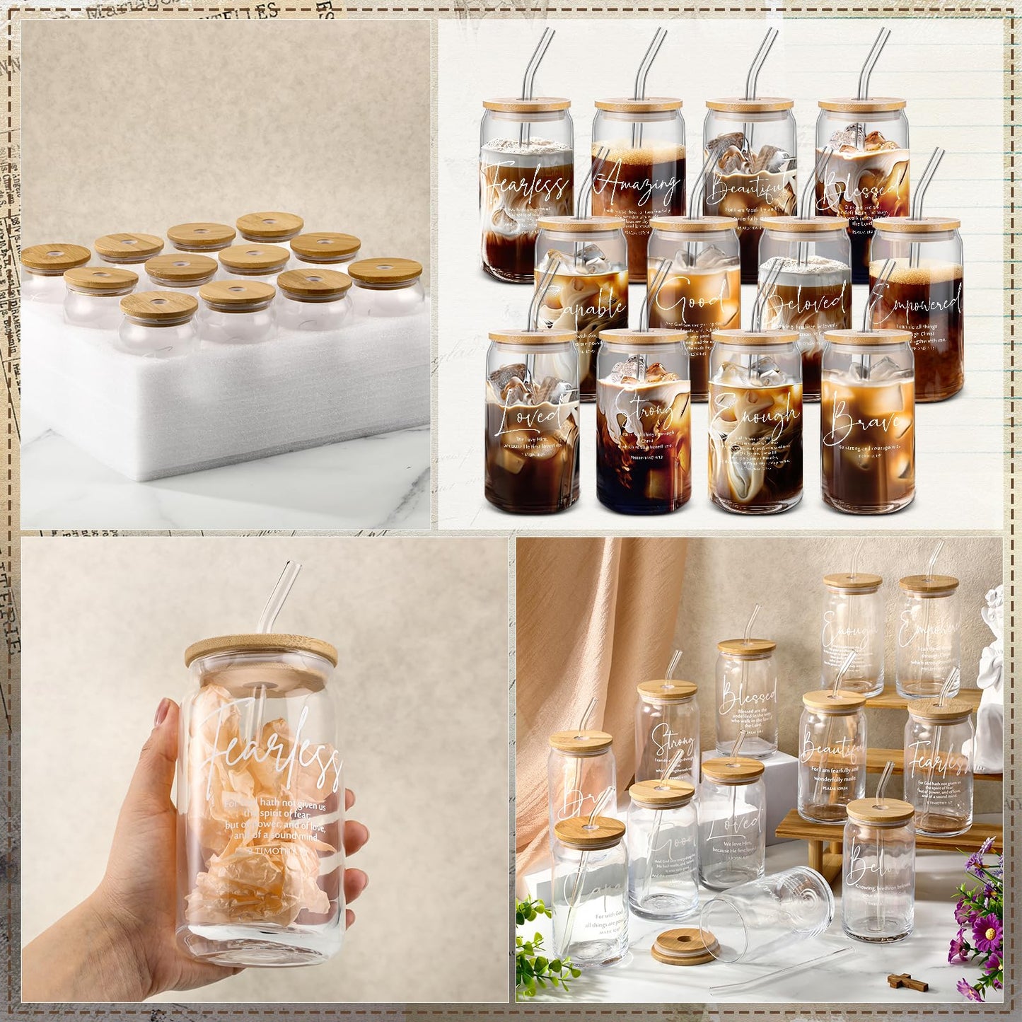 Funnymoom 12 Pcs Grandparents Day Christian Gift Bulk Glass Cups with Bamboo Lids and Straw 16 oz Bible Verse Coffee Cup Christian Religious Gift for Church Sunday School Bible Study Office (12 Style)