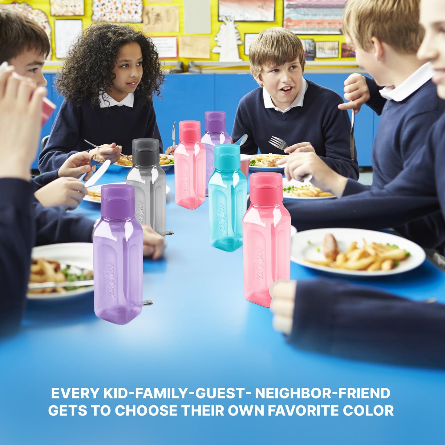 Bulk Set of 16 Multicolor 10oz Water Bottles for Kids and Adults - Leak Proof With Carry Strap - Square Reusable for Juice, Drinks - BPA-Free Dishwasher-Safe