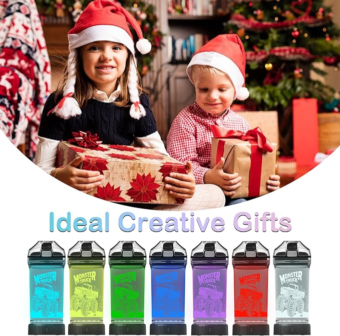 Kids Water Bottle with Monster Truck Design 3D Glowing LED Light-Tritan BPA Free,Perfect for Back-to-School Season, Girls, Boys, Kids, Holiday Camping, Picnic Gifts - 14 oz Travel Mug