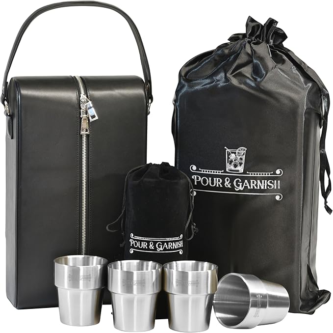 Bourbon Whiskey & Wine Double Bottle Travel Bag with 4 Stainless Steel Double-Walled Vacuum Insulated Glasses - Makes a Great Gift!