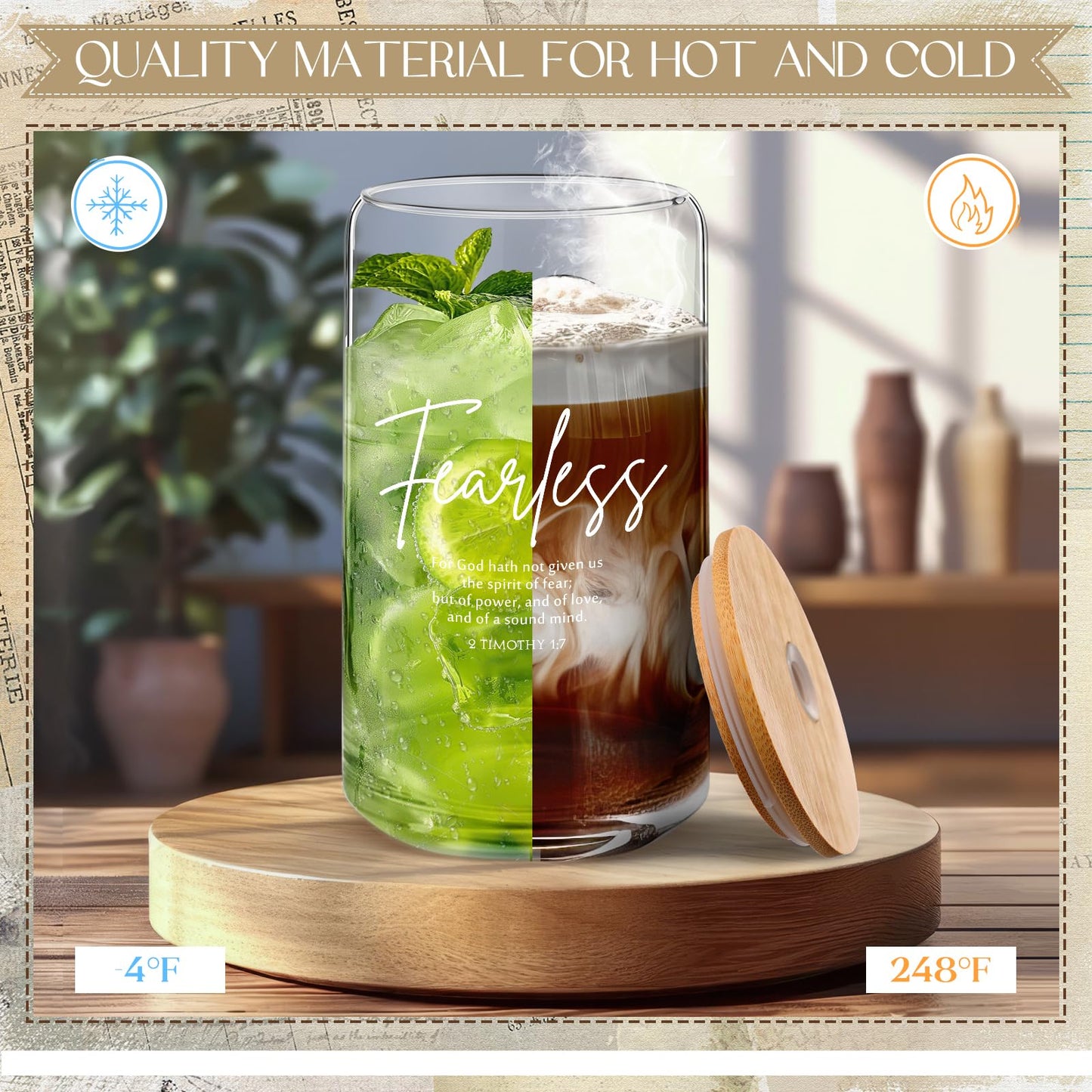 Funnymoom 12 Pcs Grandparents Day Christian Gift Bulk Glass Cups with Bamboo Lids and Straw 16 oz Bible Verse Coffee Cup Christian Religious Gift for Church Sunday School Bible Study Office (12 Style)