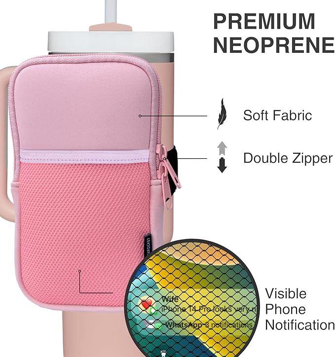 Water Bottle Pouch for Stanley Cups with 20oz 30oz 40oz Stanley Quencher Adventure & Stanley IceFlow, Gym Accessories for Women Tumbler Pouch with Strap & Zipper Cup Purse for Card Keys (Pink, Large)