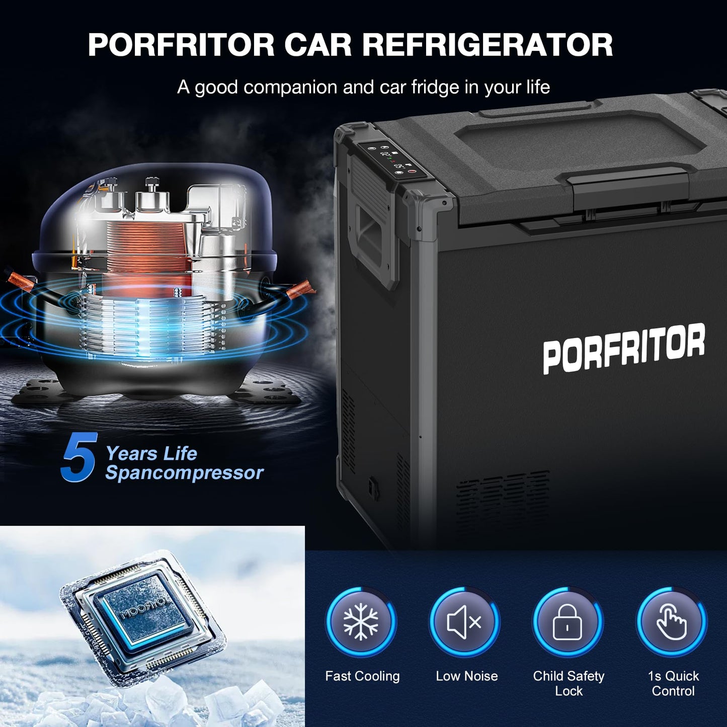PORFRITOR 12 Volt Refrigerator, 48QT(45L) Electric Cooler, 12V Car Fridge LCD touch Control, 12V Cooler -4℉~68℉, Portable Freezer 12/24V DC 110-240V AC for Camping, Travel, Truck, Home
