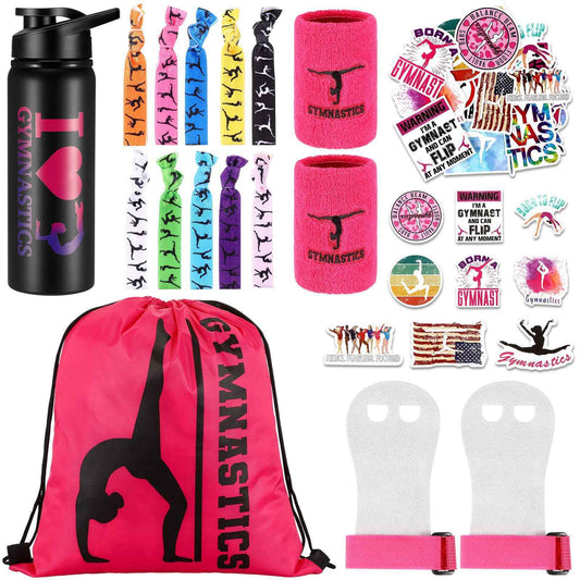 Xtinmee 66 Pcs Gymnastics Gift for Women Girl Pink Gymnastics Party Favor Hand Grip Water Bottle Drawstring Backpack Wristband Hair Tie 50 Tattoo Sticker Stuff Team Birthday Christmas
