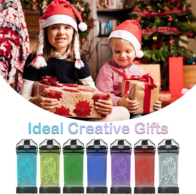 Kids Water Bottle with Ice Hockey Player Design 3D Glowing LED Light-Tritan BPA Free,Perfect for Back-to-School Season, Girls, Boys, Kids, Holiday Camping, Picnic Gifts - 14 oz Travel Mug