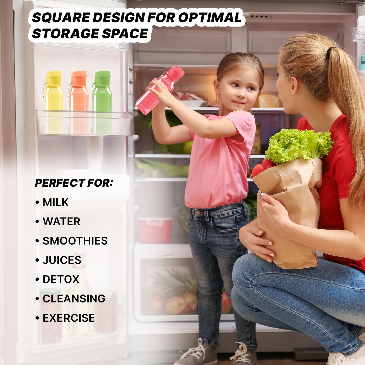 Bulk Set of 16 Multicolor 10oz Water Bottles for Kids and Adults - Leak Proof With Carry Strap - Square Reusable for Juice, Drinks - BPA-Free Dishwasher-Safe