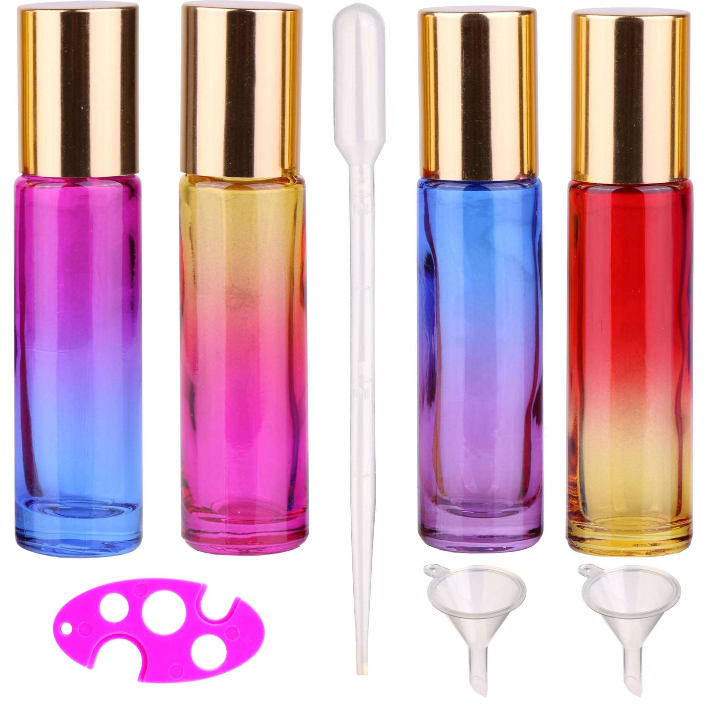 inice 4 Pack 10ml Roller Bottles for Essential Oils,Gradient Color Glass Bottle Roll on Stainless Steel Ball with Golden Metal Cap