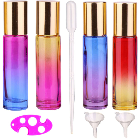 inice 4 Pack 10ml Roller Bottles for Essential Oils,Gradient Color Glass Bottle Roll on Stainless Steel Ball with Golden Metal Cap