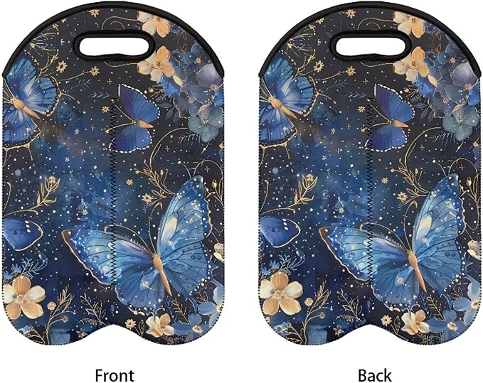 doginthehole Neoprene Wine Tote 2 Bottle Aesthetic Blue Butterfly Floral Wine Carrier Bag with Carry Handle for Travel, Portable Wine/Champagne/Beer/Water Bottle Carrier Bag