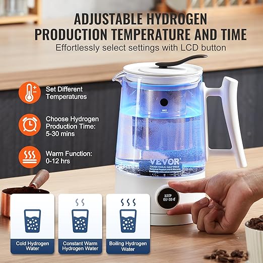 VEVOR Hydrogen Water Pitcher, Rich Hydrogen Water Generator, 1.5 L Large Capacity Hydrogen Water Bottle Generator SPE and PEM Technology, Hydrogen Rich Water Ionizer Machine for Brewing Coffee or Tea