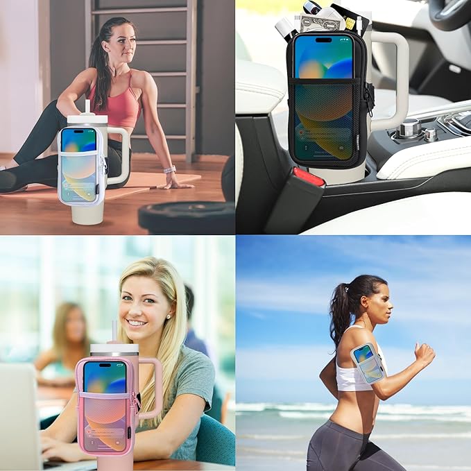 Water Bottle Pouch for Stanley Cups with 20oz 30oz 40oz Stanley Quencher Adventure & Stanley IceFlow, Gym Accessories for Women Tumbler Pouch with Strap & Zipper Cup Purse for Card Keys (Pink, Large)